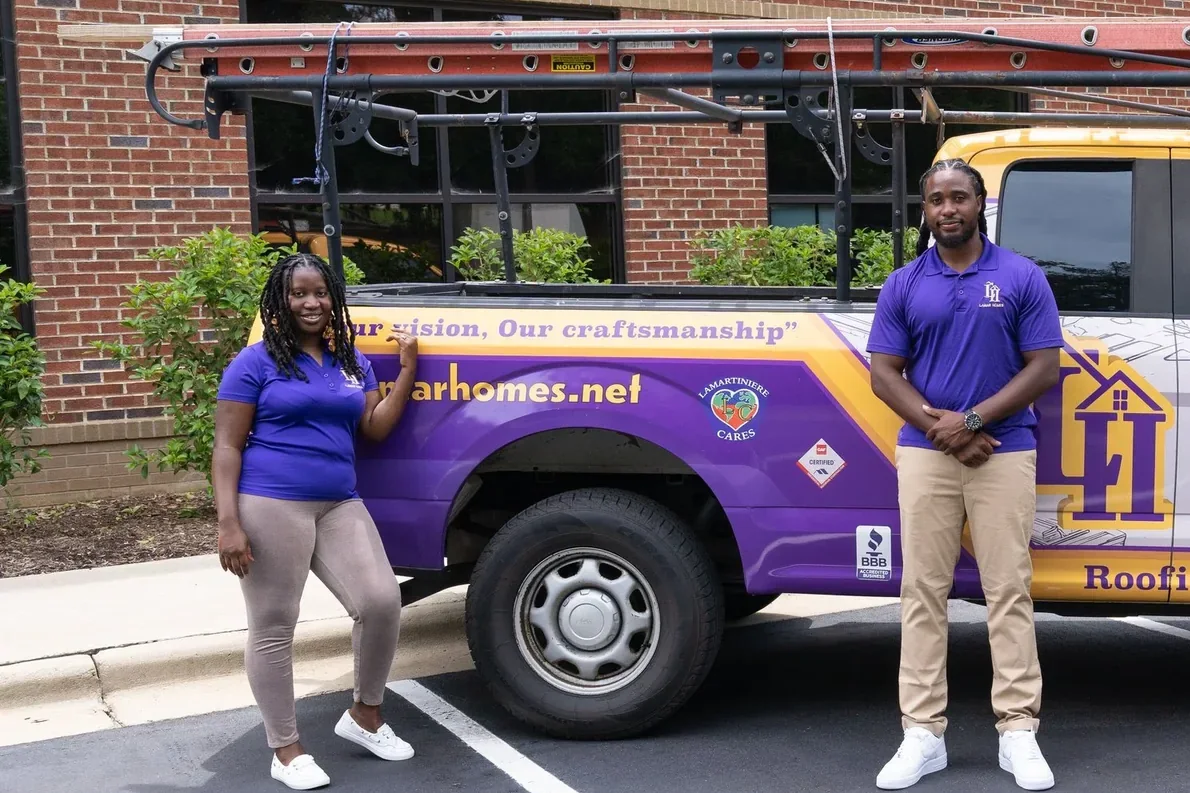 Lamar Homes Roofing truck and crew at a Raleigh inspection