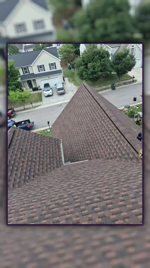 Finished architectural shingle, ridge line straight