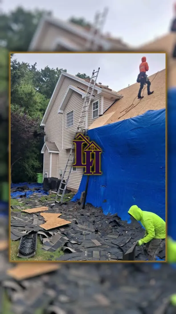 Tear-off under way, tarp over the opening and the old shingles already off